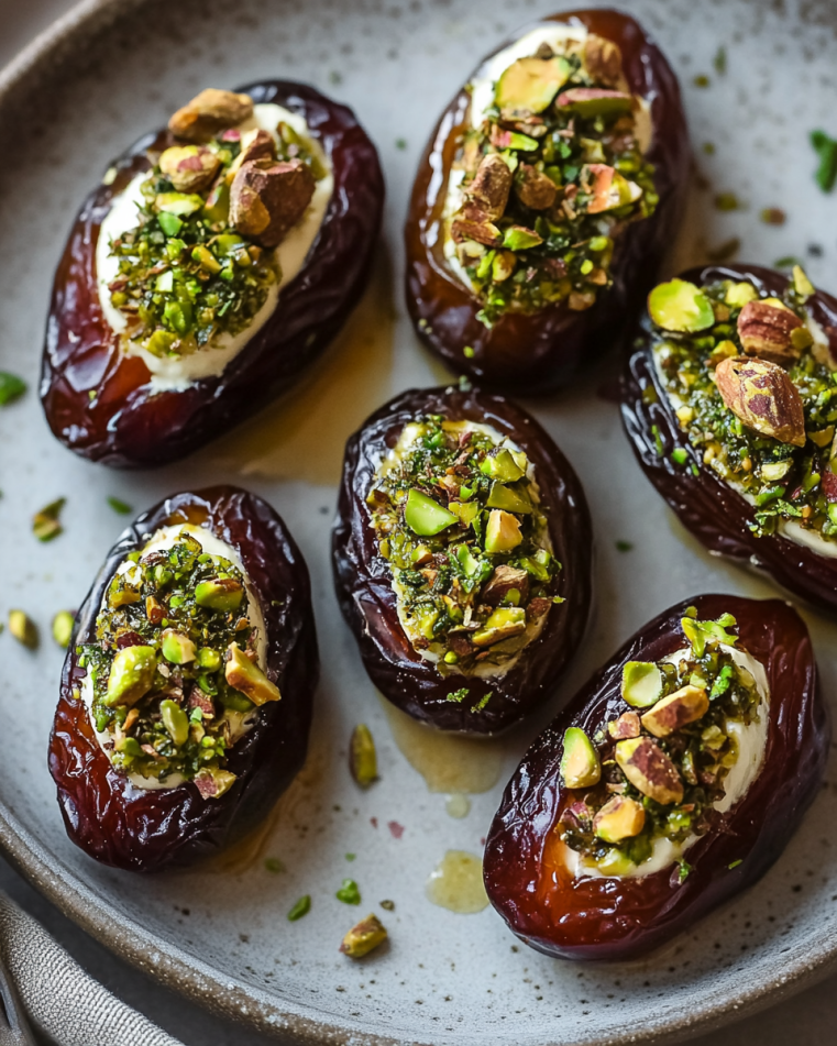 Boursin-Stuffed Roasted Dates with Pistachio Crunch