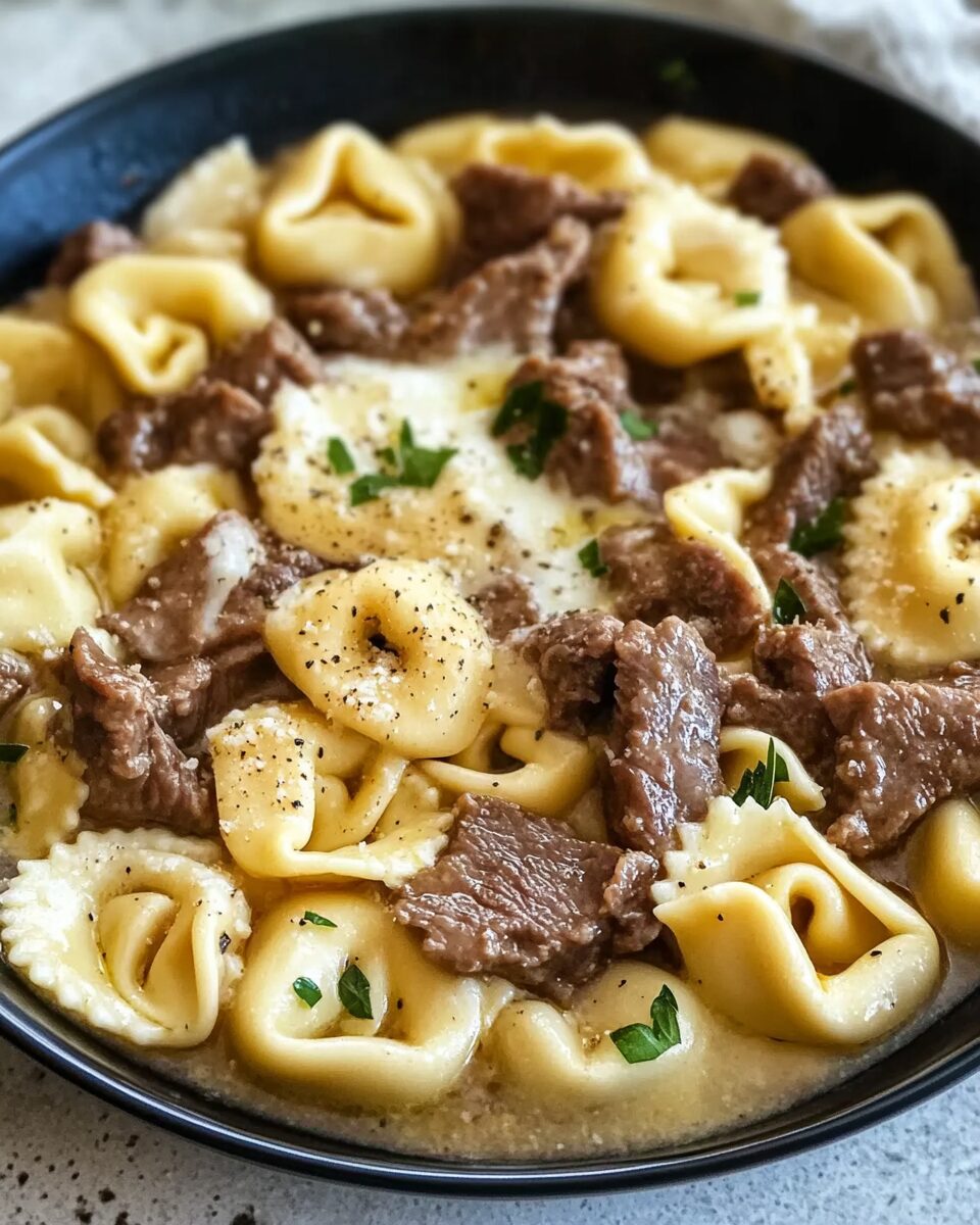 Cheesesteak Tortellini with Creamy Provolone Sauce