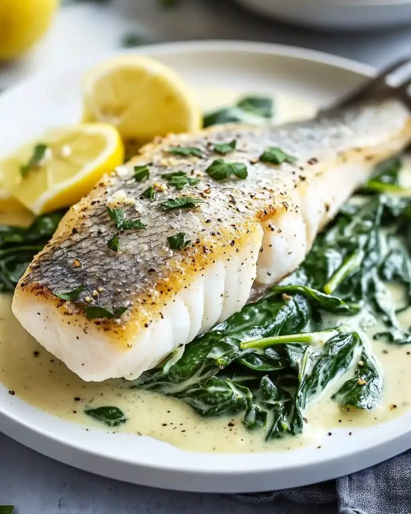 Lemon-Garlic Sea Bass with Creamed Spinach