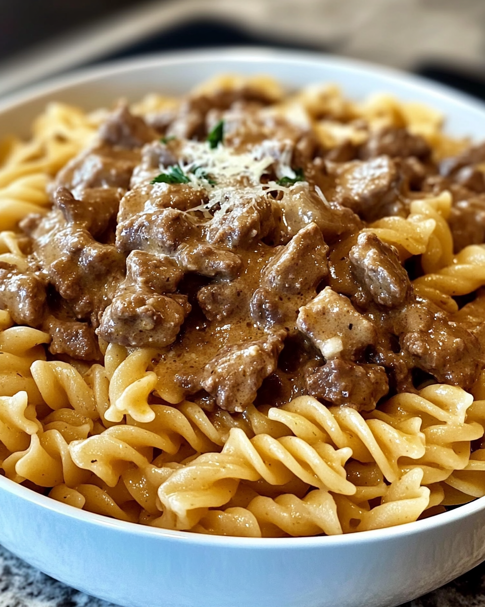 Slow Cooker Creamy Garlic Beef Pasta