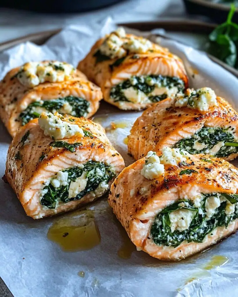 Spinach Feta Stuffed Salmon Pinwheels