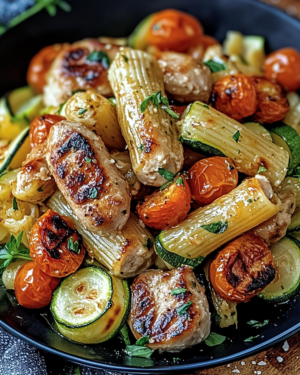 Chicken Sausages with Zucchini, Tomatoes, and Pasta