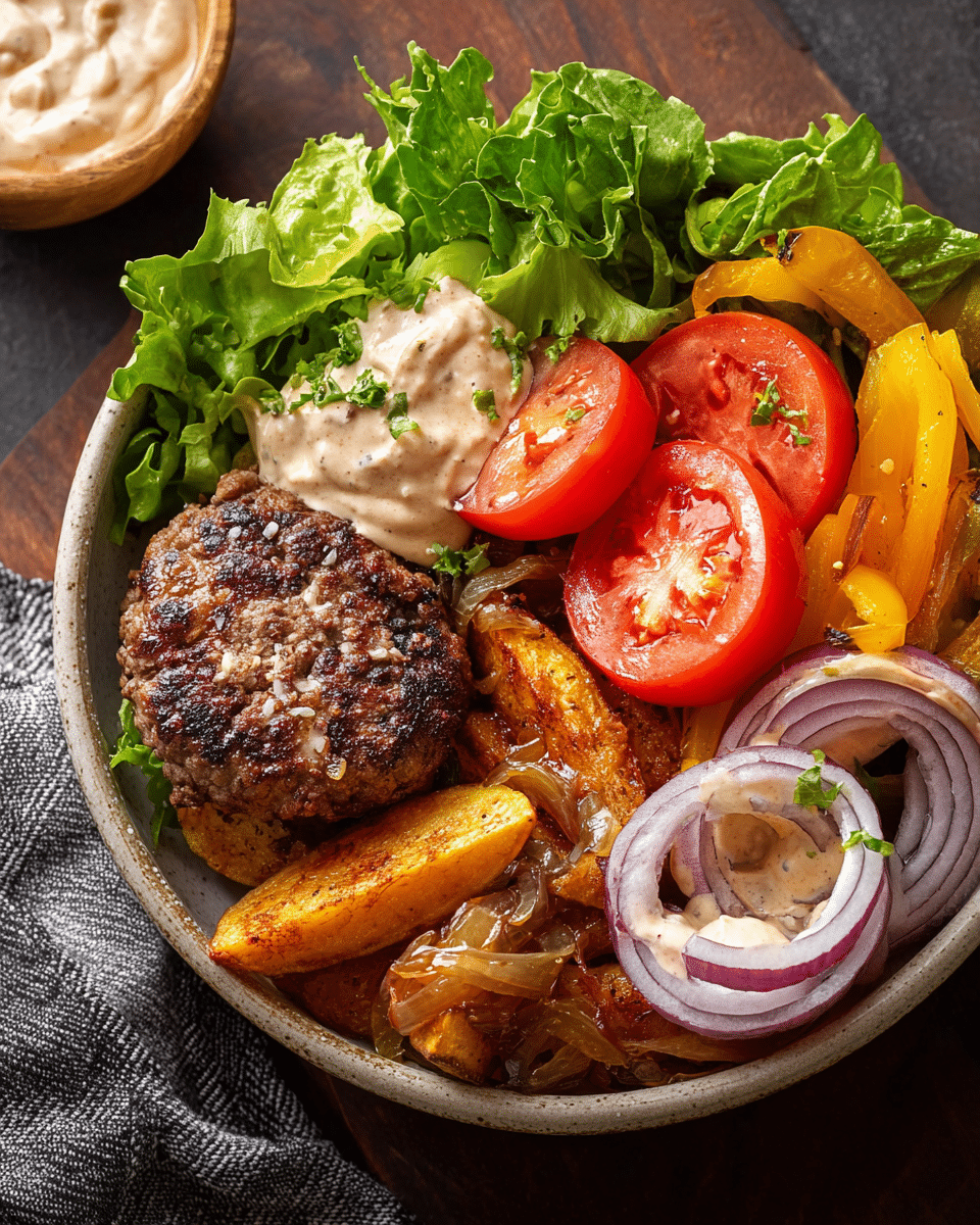 Burger Bowls with Caramelized Onion Aioli