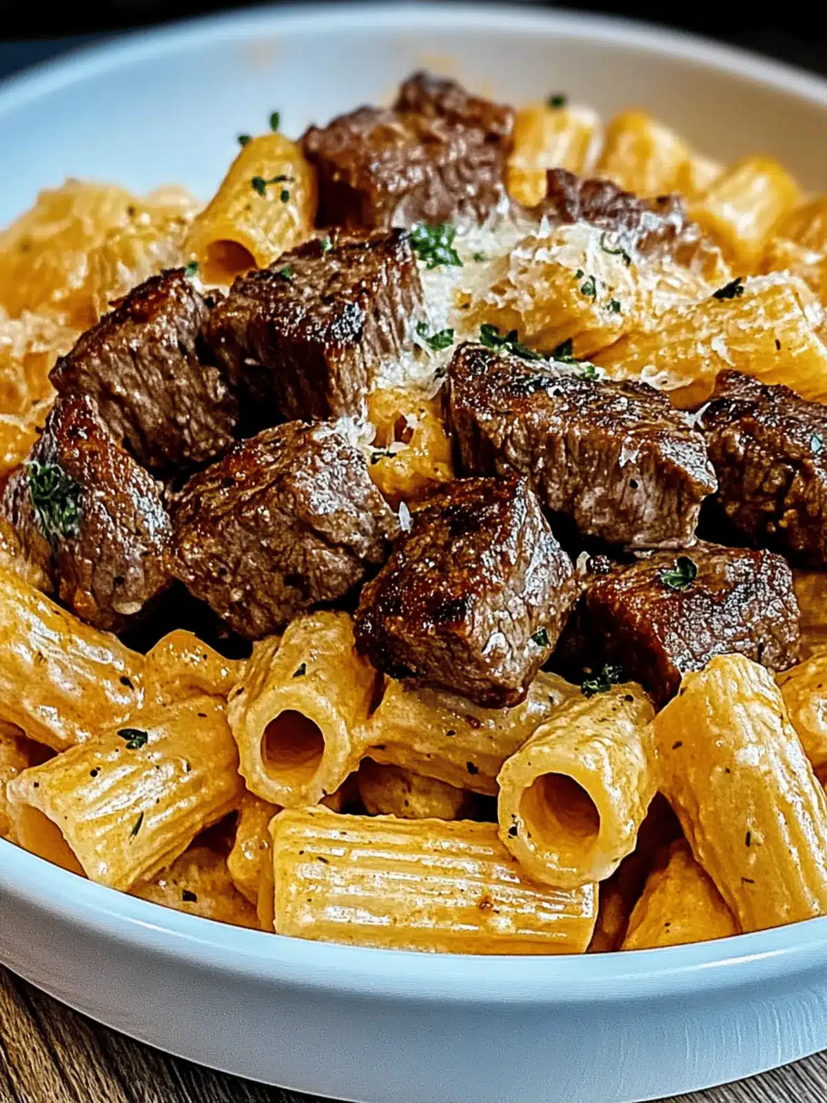 Cajun Steak Tips in Cheesy Rigatoni Parmesan Sauce