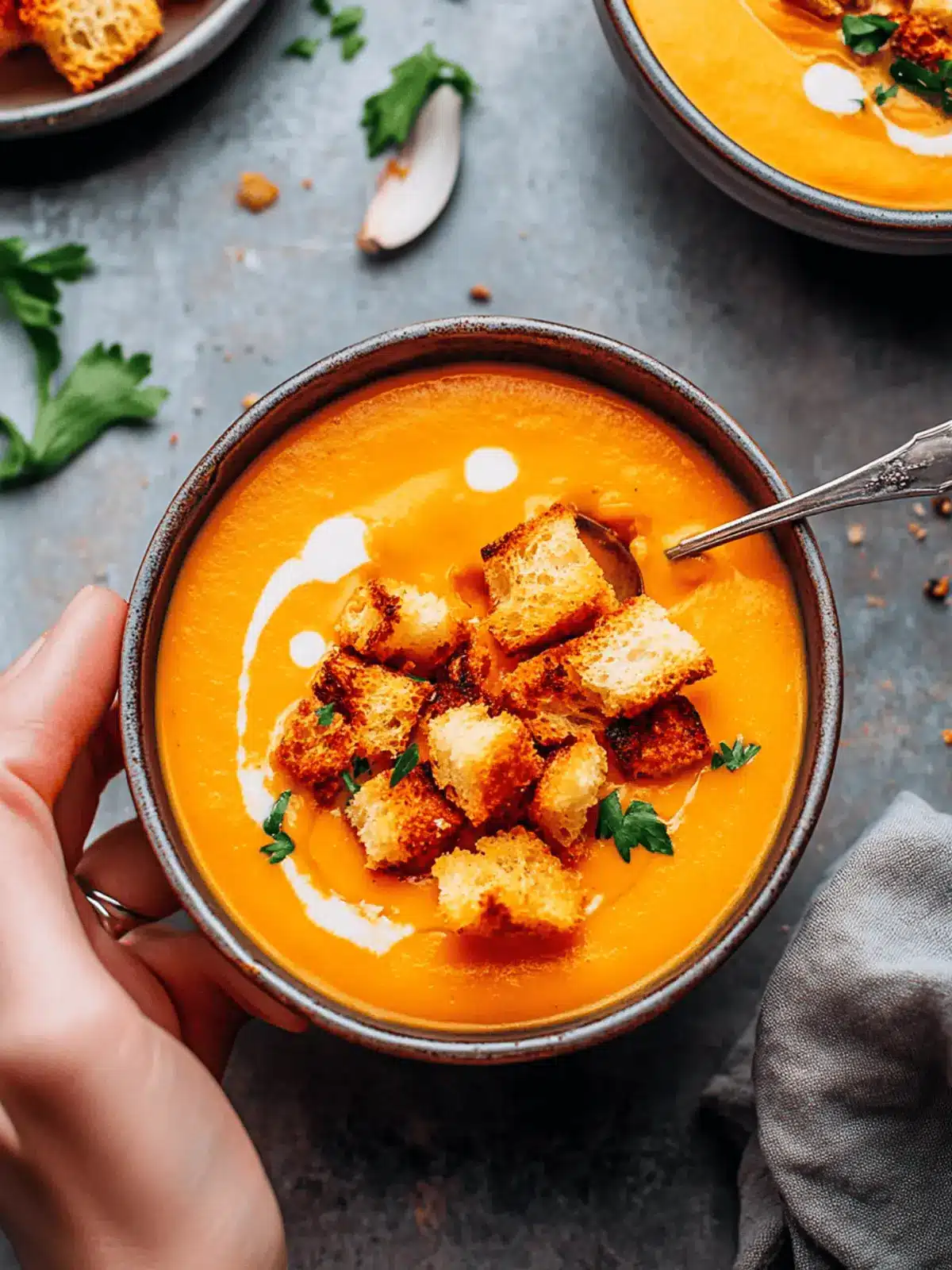 Creamy Pumpkin Soup with Spicy Croutons for Cozy Nights 3 Pumpkin Soup with Croutons