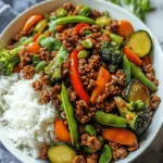 Spicy Ground Beef Stir-Fry Bowl with Garlic Veggies & Steamy Rice