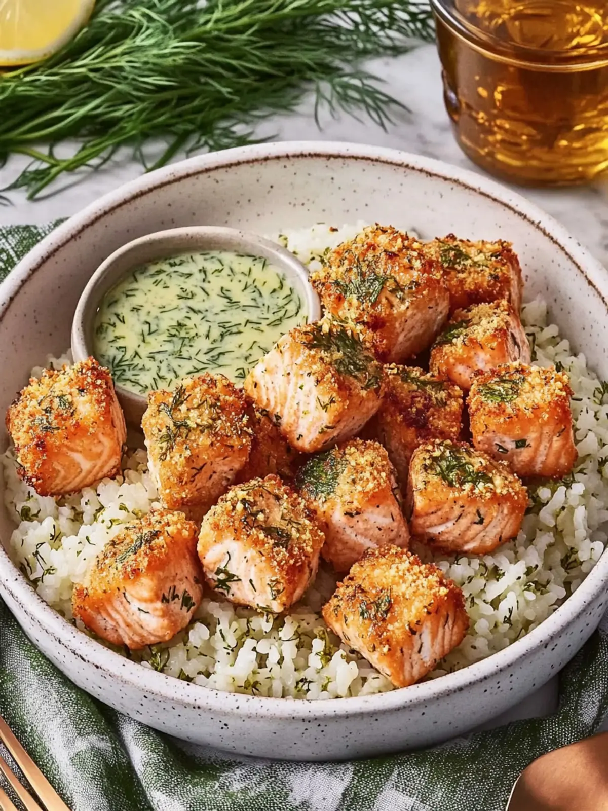 Air Fryer Crispy Salmon Bites with Lemon Dill Sauce