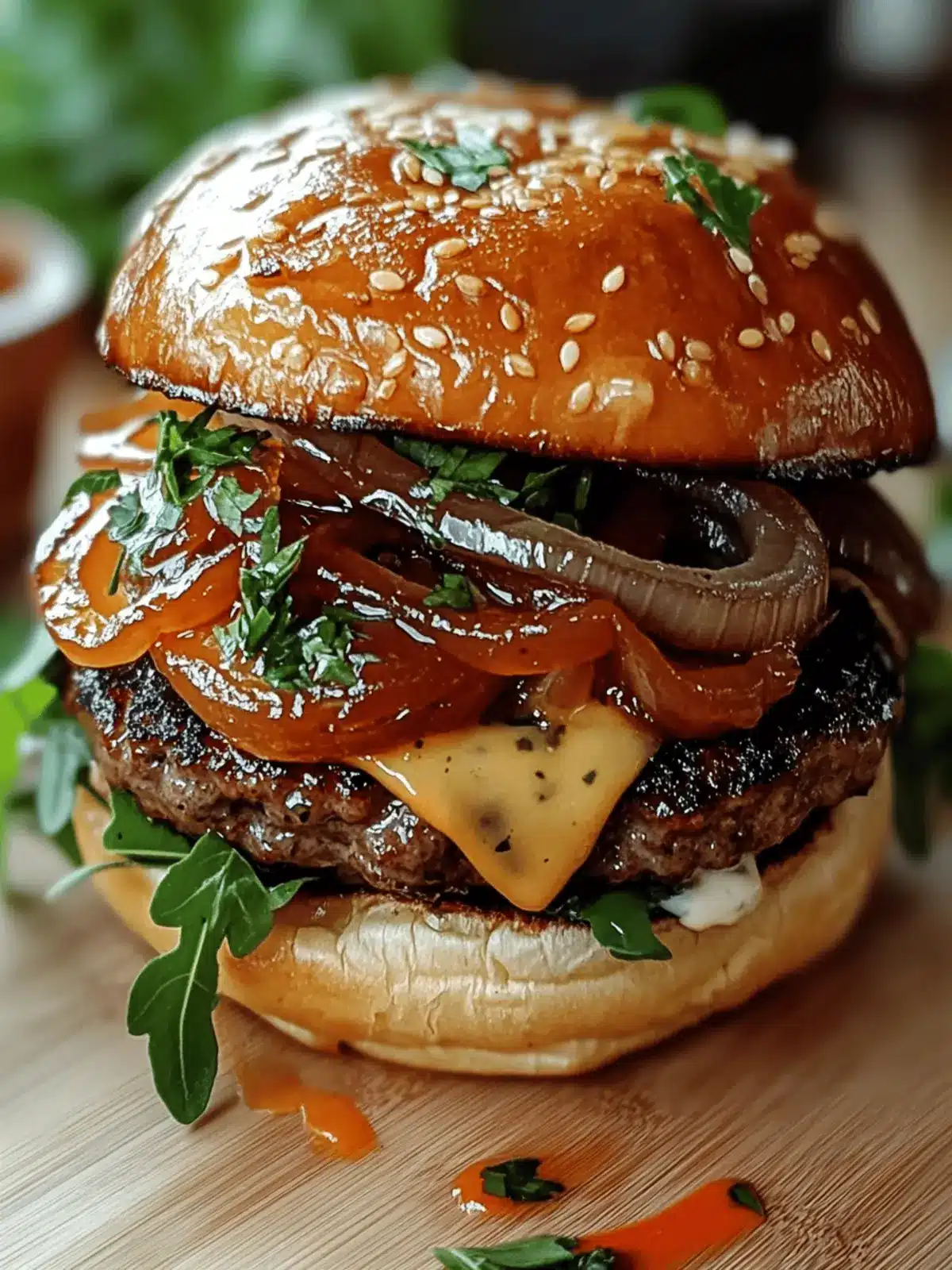 Caramelized Onion and Garlic Burger with Creamy Herb Sauce