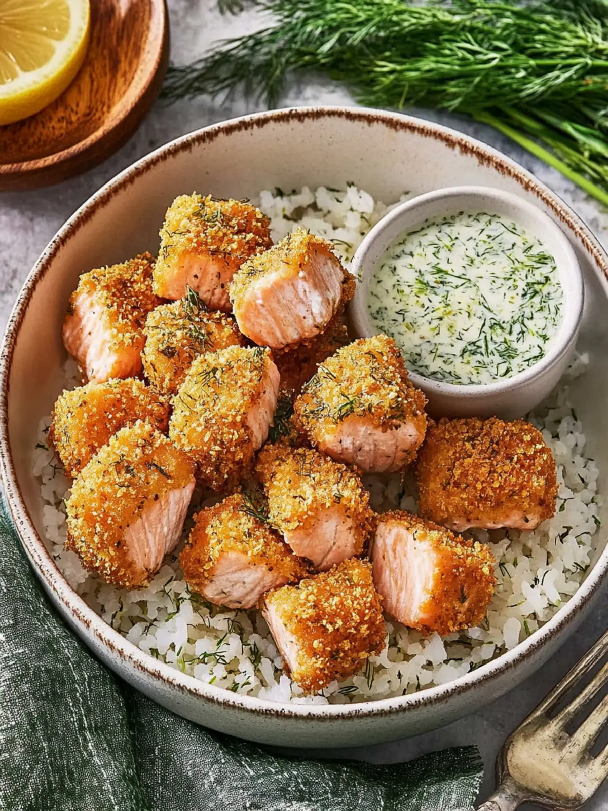 Air Fryer Crispy Salmon Bites with Lemon Dill Sauce
