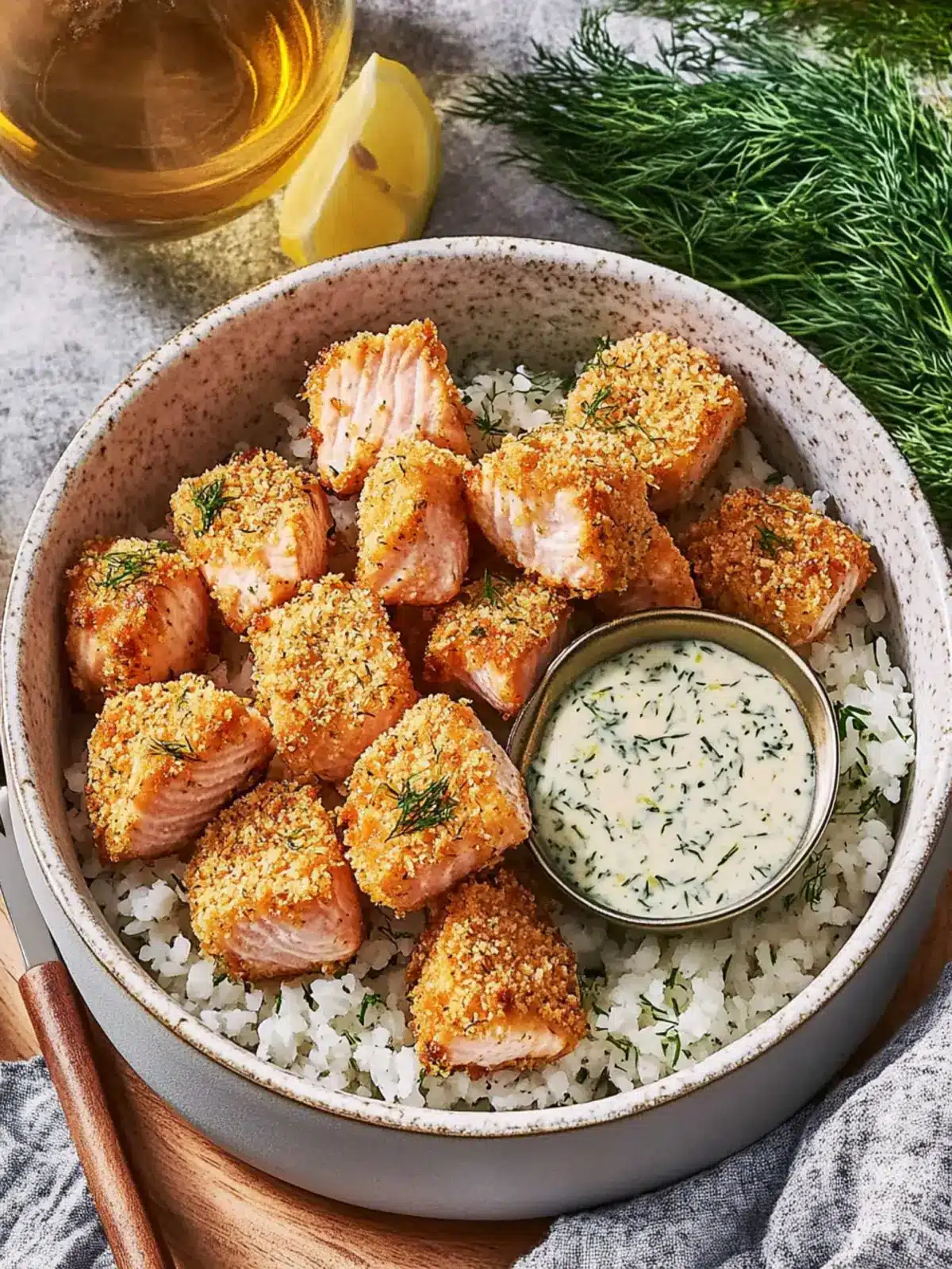 Air Fryer Crispy Salmon Bites with Lemon Dill Sauce