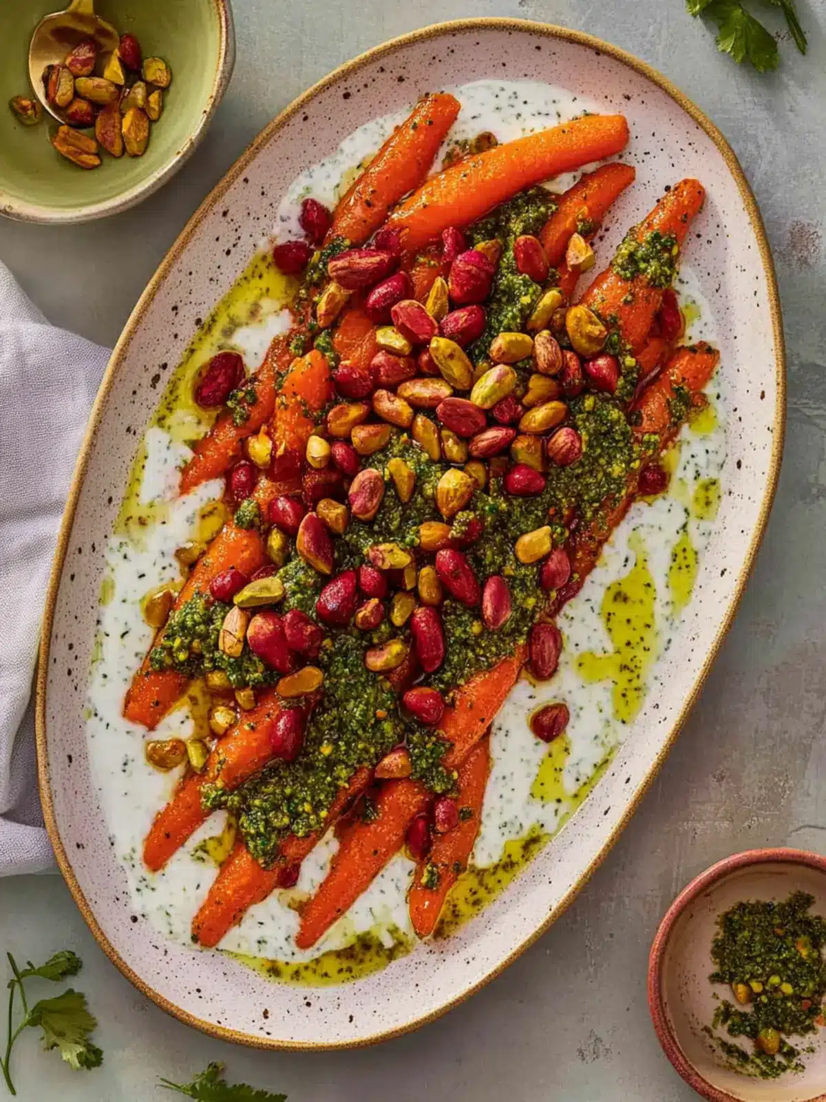Sweet and Spicy Honey Harissa Carrots with Pesto Yogurt 3 Honey Harissa Carrots with Pistachio Pesto and Herby Yogurt