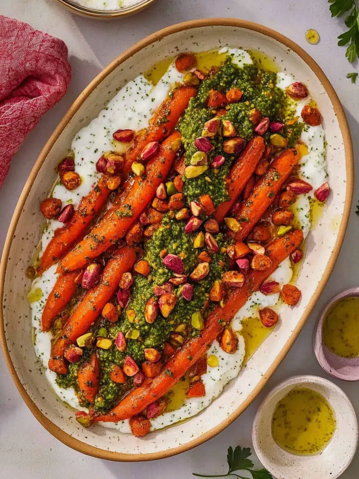 Sweet and Spicy Honey Harissa Carrots with Pesto Yogurt 5 Honey Harissa Carrots with Pistachio Pesto and Herby Yogurt