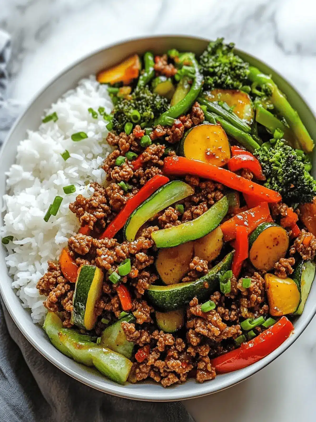Spicy Ground Beef Stir-Fry Bowl with Garlic Veggies & Rice Delight 3 Spicy Ground Beef Stir-Fry Bowl with Garlic Veggies & Steamy Rice