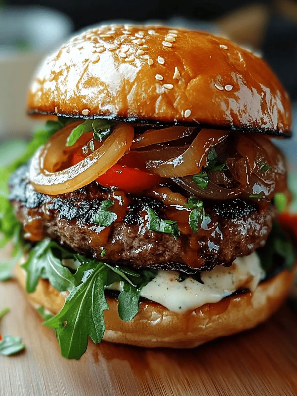 Caramelized Onion and Garlic Burger with Creamy Herb Sauce