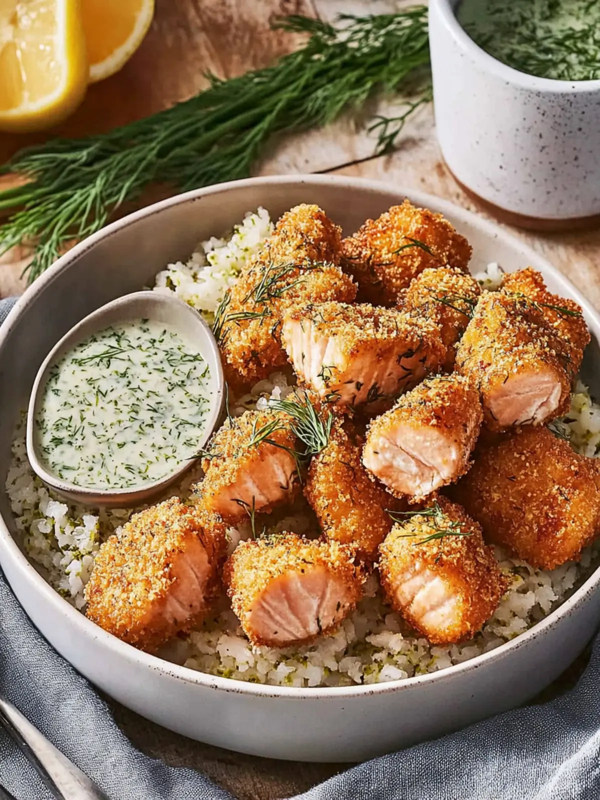Air Fryer Crispy Salmon Bites with Lemon Dill Sauce