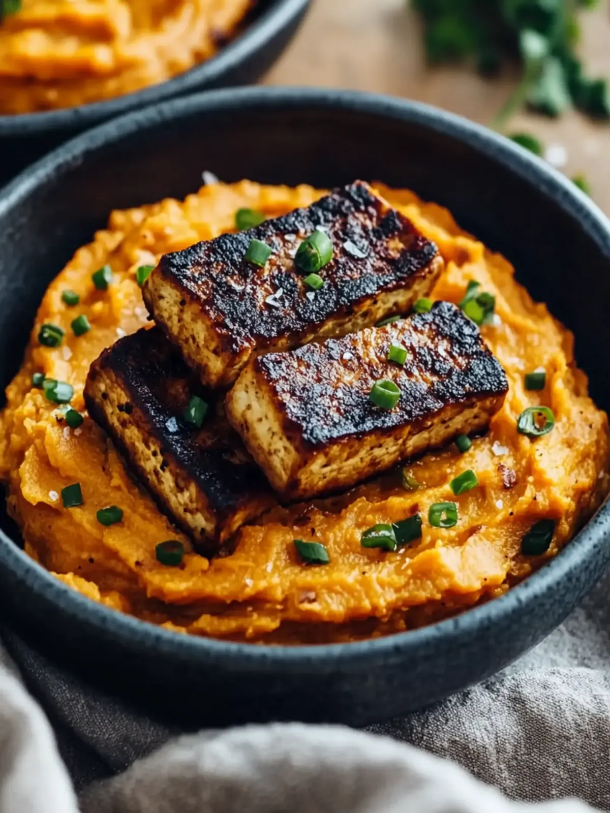 Smoky Tofu Steak with Creamy Mashed Sweet Potatoes