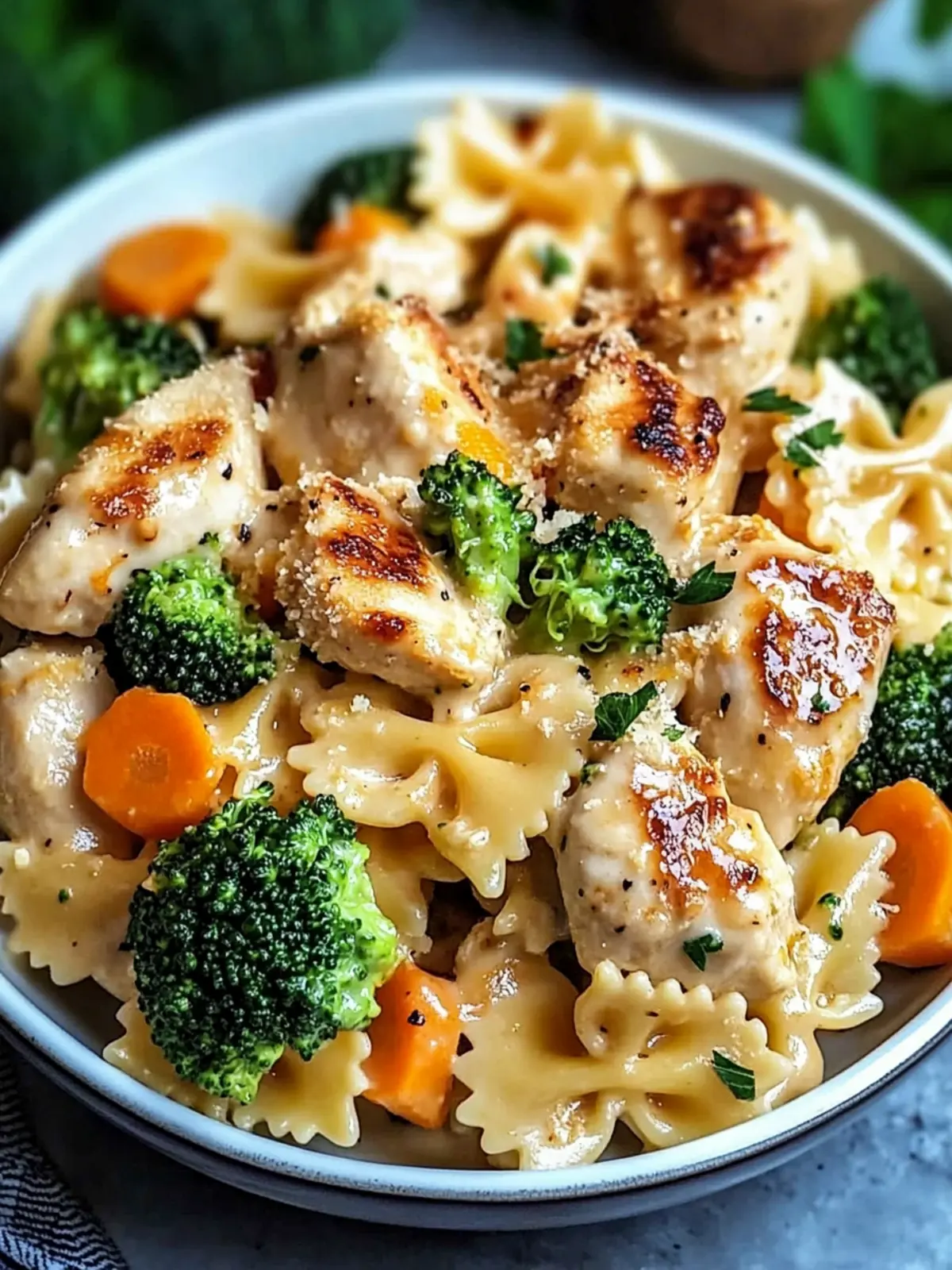 Creamy Cheddar & Havarti Chicken Bowtie Pasta with Roasted Veggies 2 Cheddar & Havarti Chicken Bowtie Pasta with Roasted Broccoli & Carrots
