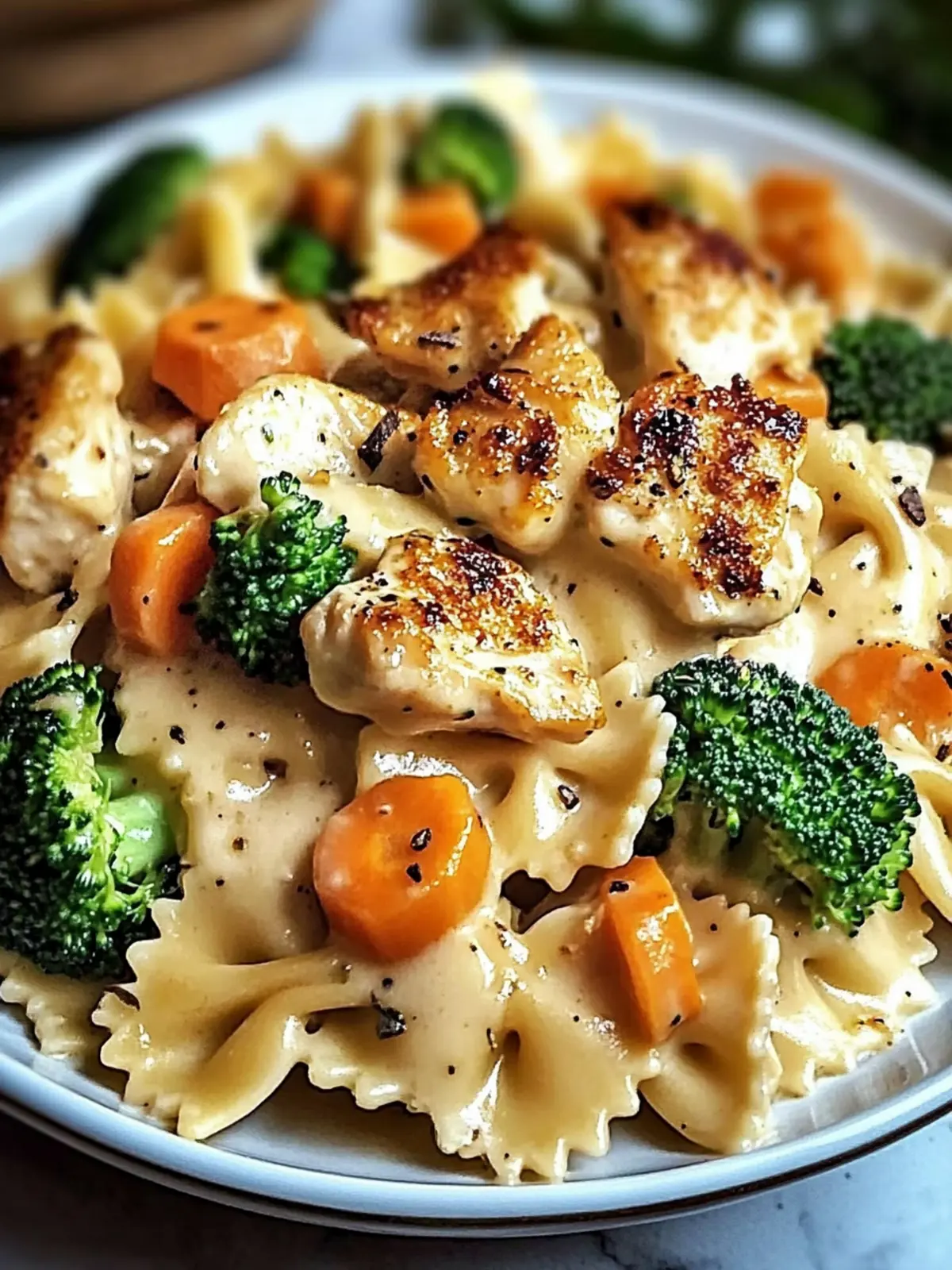 Creamy Cheddar & Havarti Chicken Bowtie Pasta with Roasted Veggies 3 Cheddar & Havarti Chicken Bowtie Pasta with Roasted Broccoli & Carrots