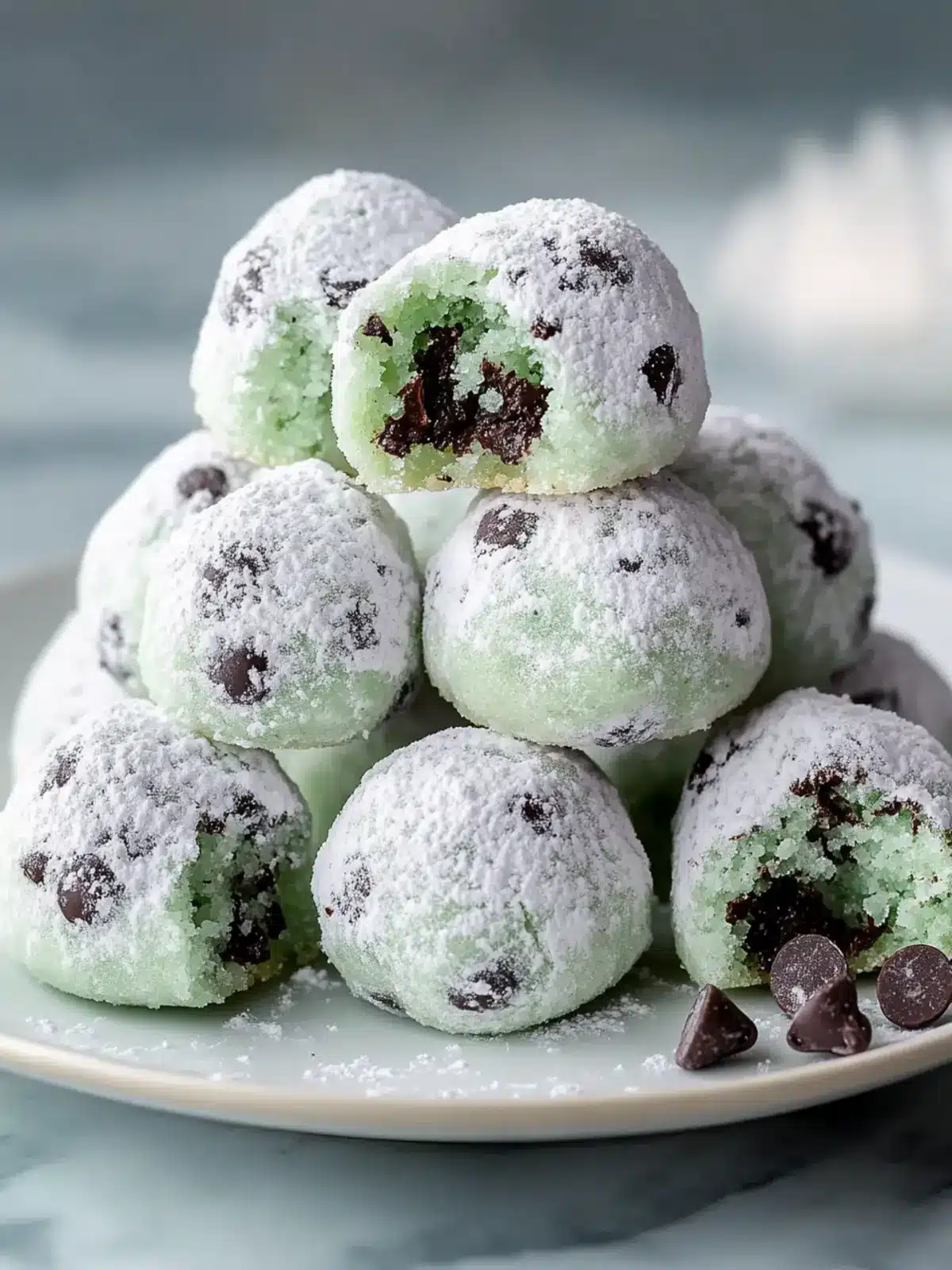 Mint Chocolate Chip Snowball Cookies