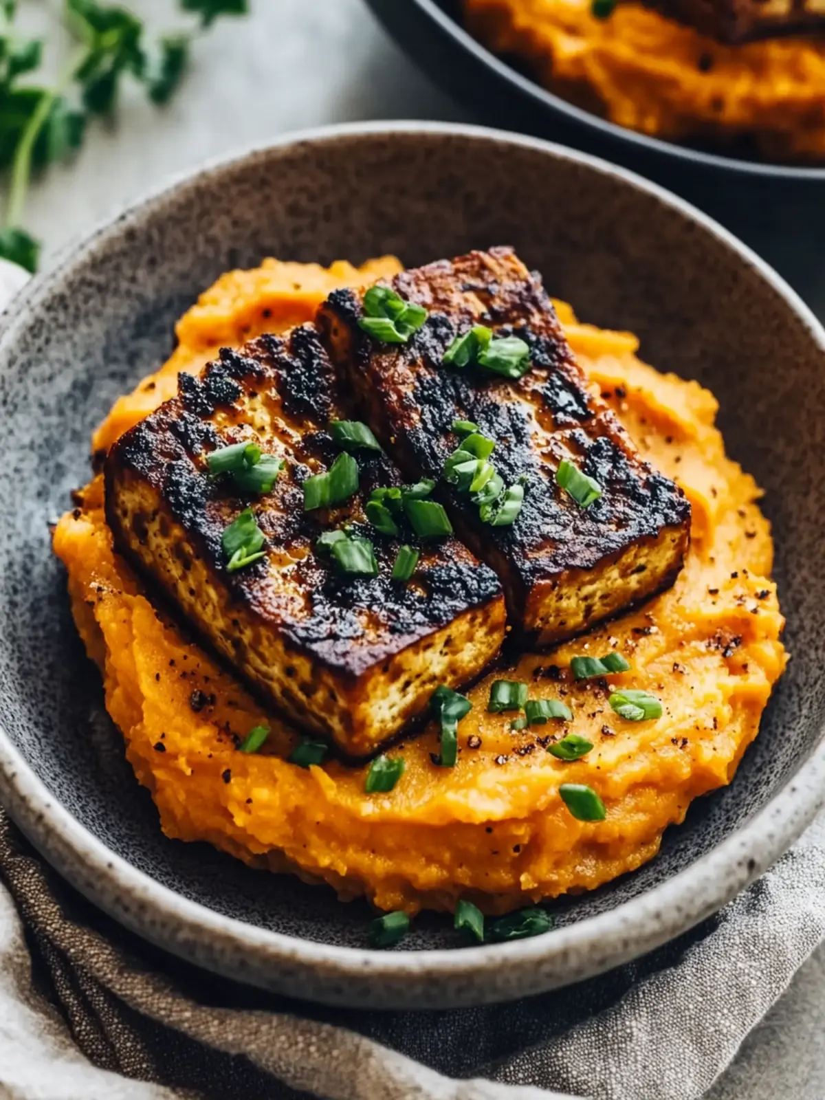 Smoky Tofu Steak with Creamy Mashed Sweet Potatoes