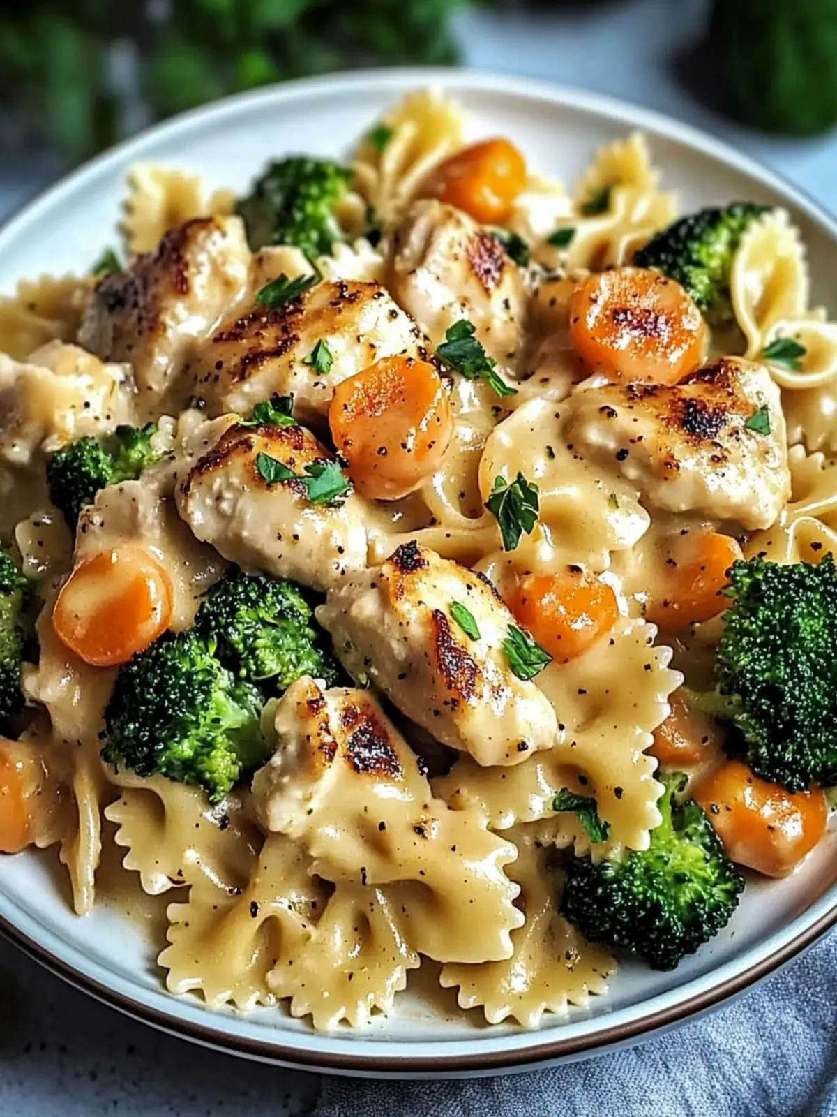 Creamy Cheddar & Havarti Chicken Bowtie Pasta with Roasted Veggies 5 Cheddar & Havarti Chicken Bowtie Pasta with Roasted Broccoli & Carrots