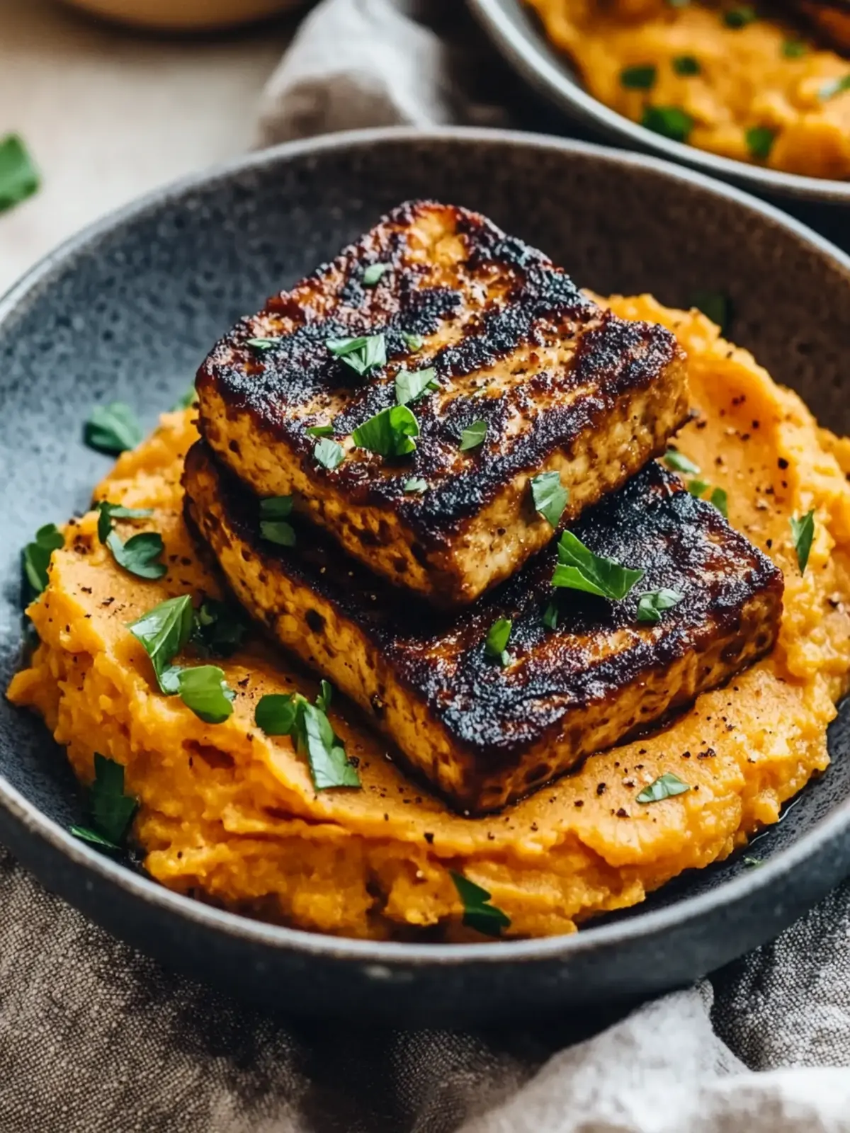 Smoky Tofu Steak with Creamy Mashed Sweet Potatoes