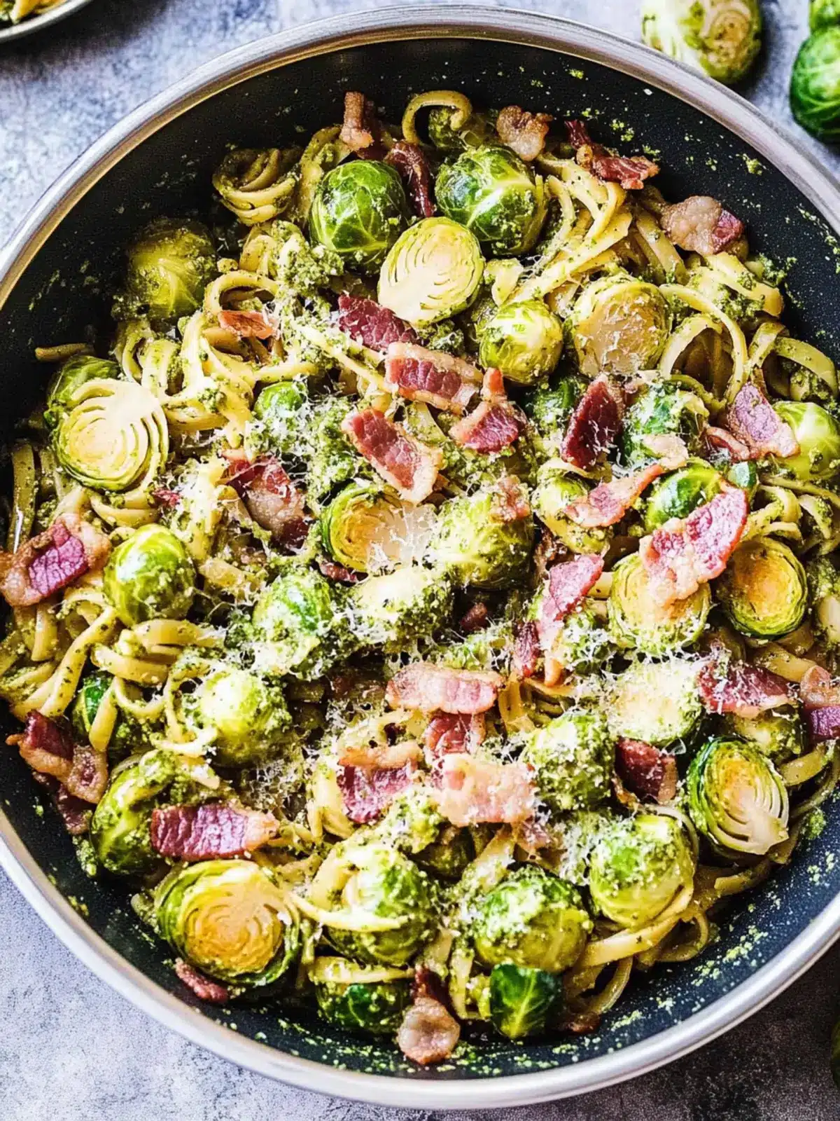 Brussels Sprouts and Bacon Pesto Pasta in Just 30 Minutes 3 Brussels Sprouts and Bacon Pesto Pasta