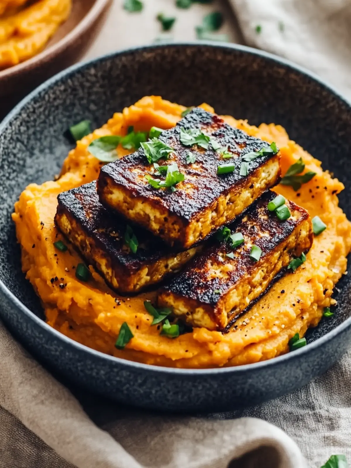 Smoky Tofu Steak with Creamy Mashed Sweet Potatoes