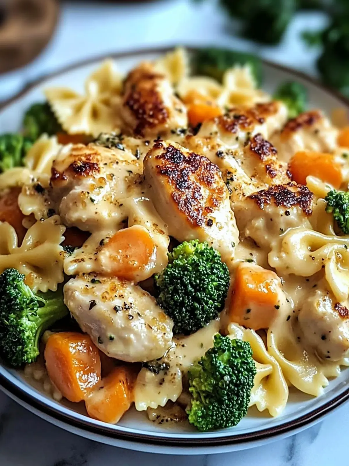 Creamy Cheddar & Havarti Chicken Bowtie Pasta with Roasted Veggies 4 Cheddar & Havarti Chicken Bowtie Pasta with Roasted Broccoli & Carrots