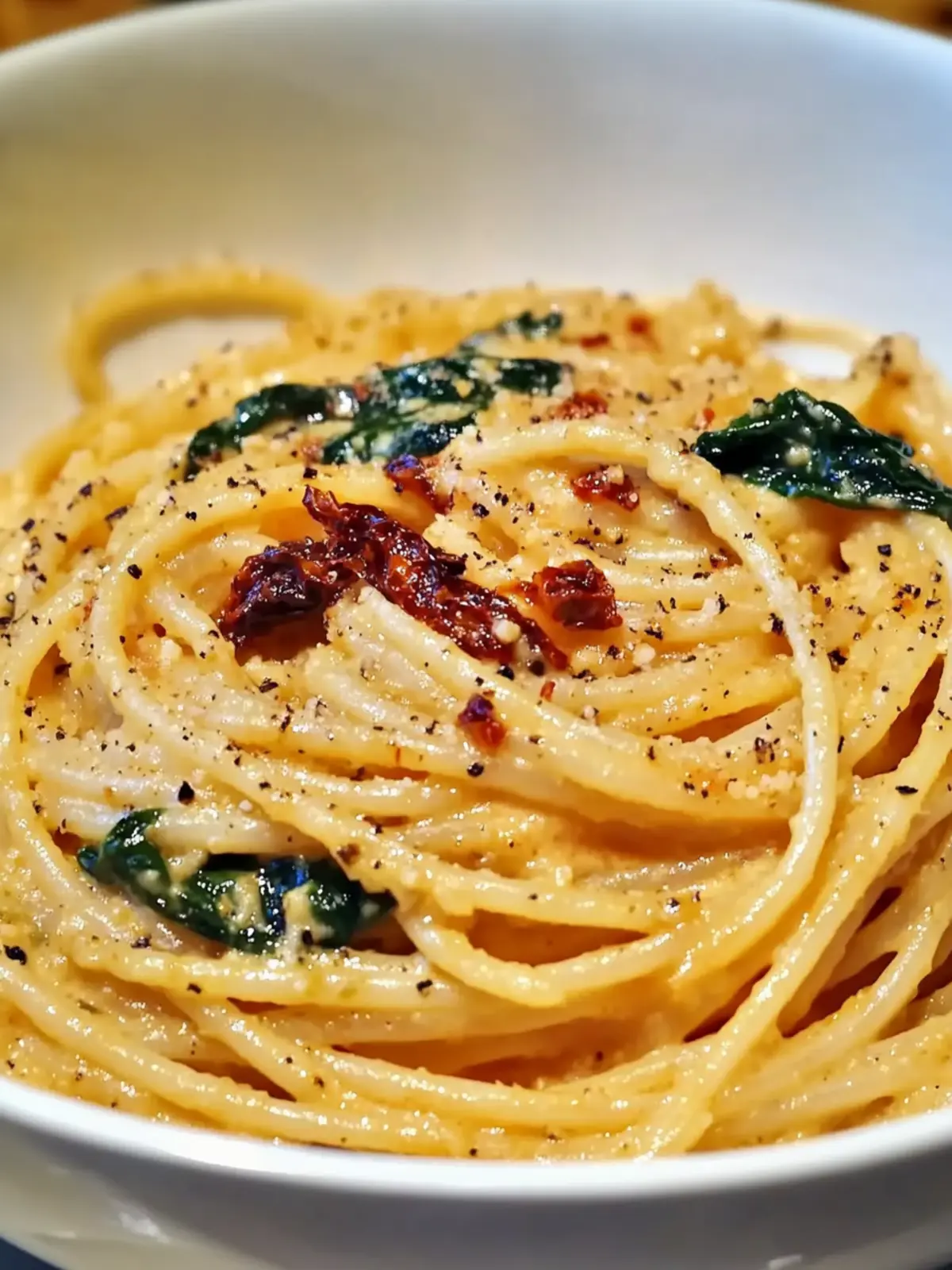 Spaghetti & Spinach with Sun-Dried Tomato Cream Sauce