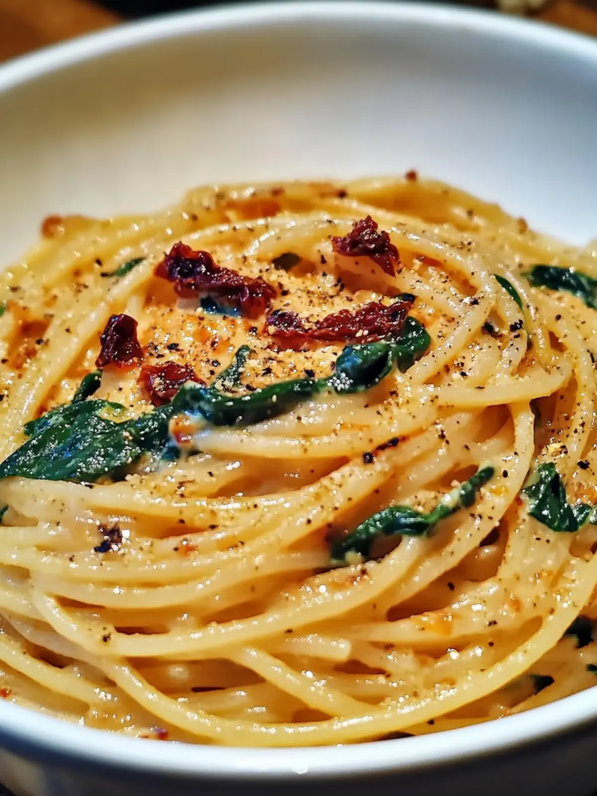 Spaghetti & Spinach with Sun-Dried Tomato Cream Sauce