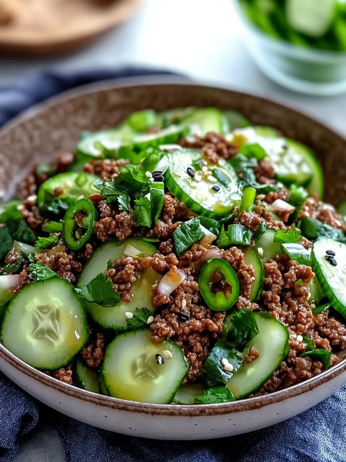 Spicy Korean Ground Beef with Cucumber Salad