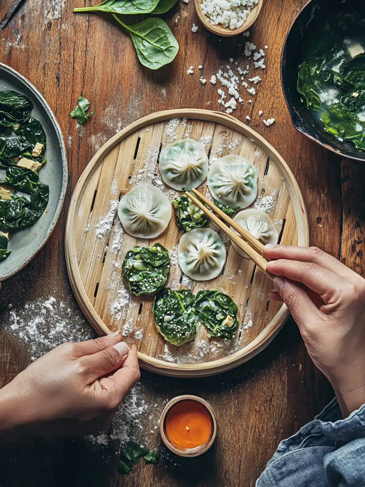 Spinach Dumplings With Tofu and Rice Noodles