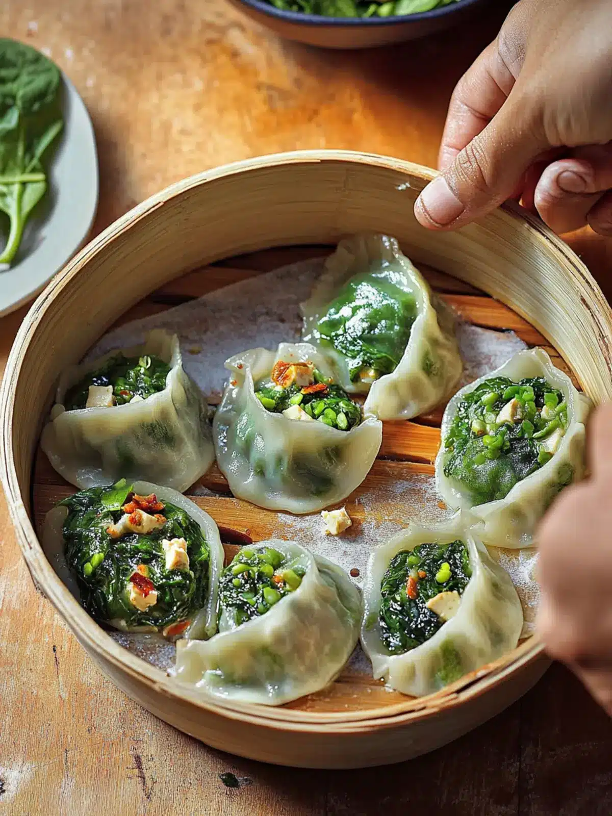 Spinach Dumplings With Tofu and Rice Noodles