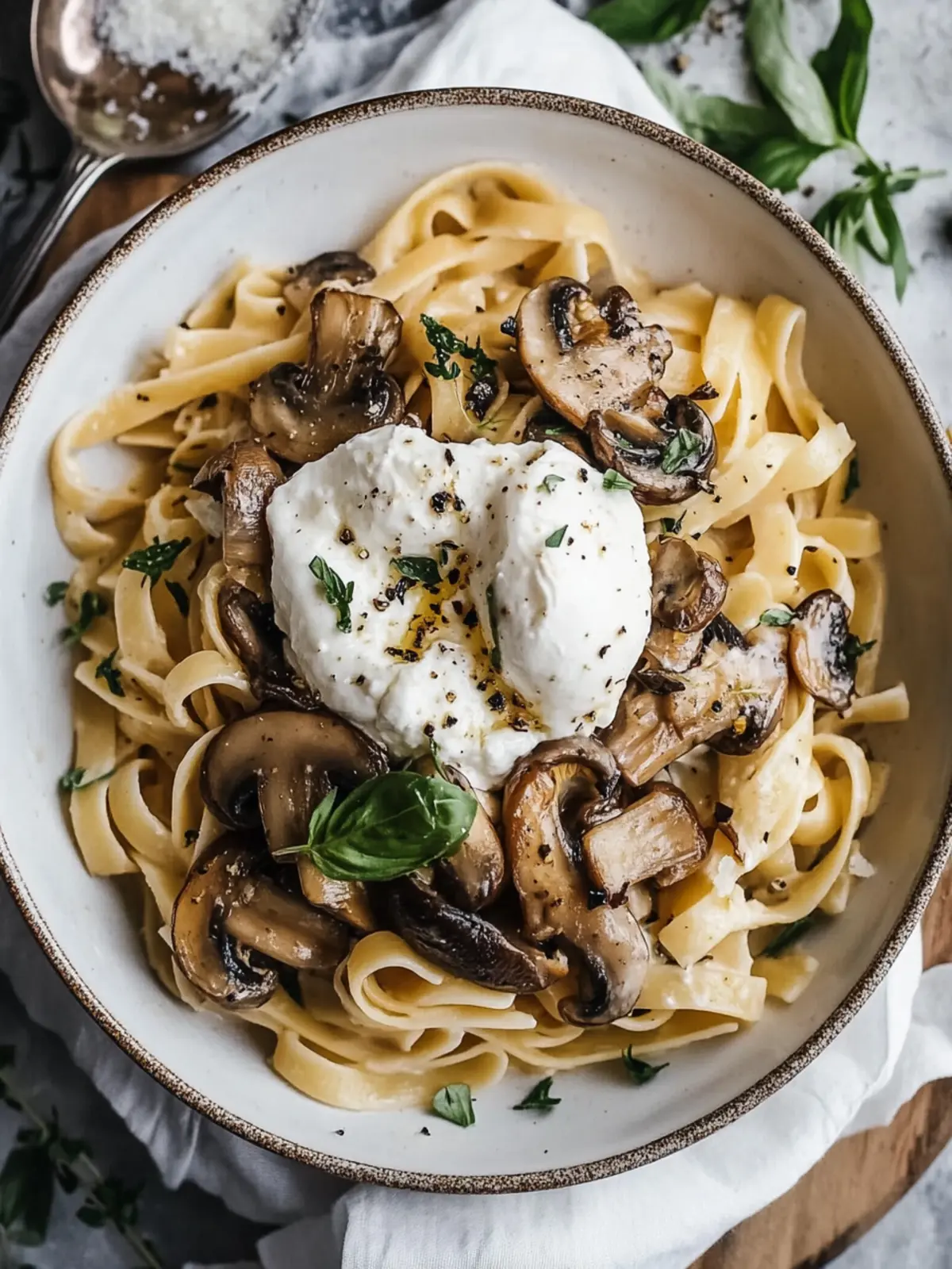 Baked Mushroom Pasta with Burrata Bliss