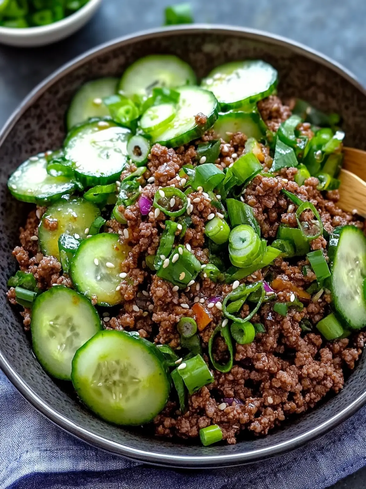 Spicy Korean Ground Beef with Cucumber Salad