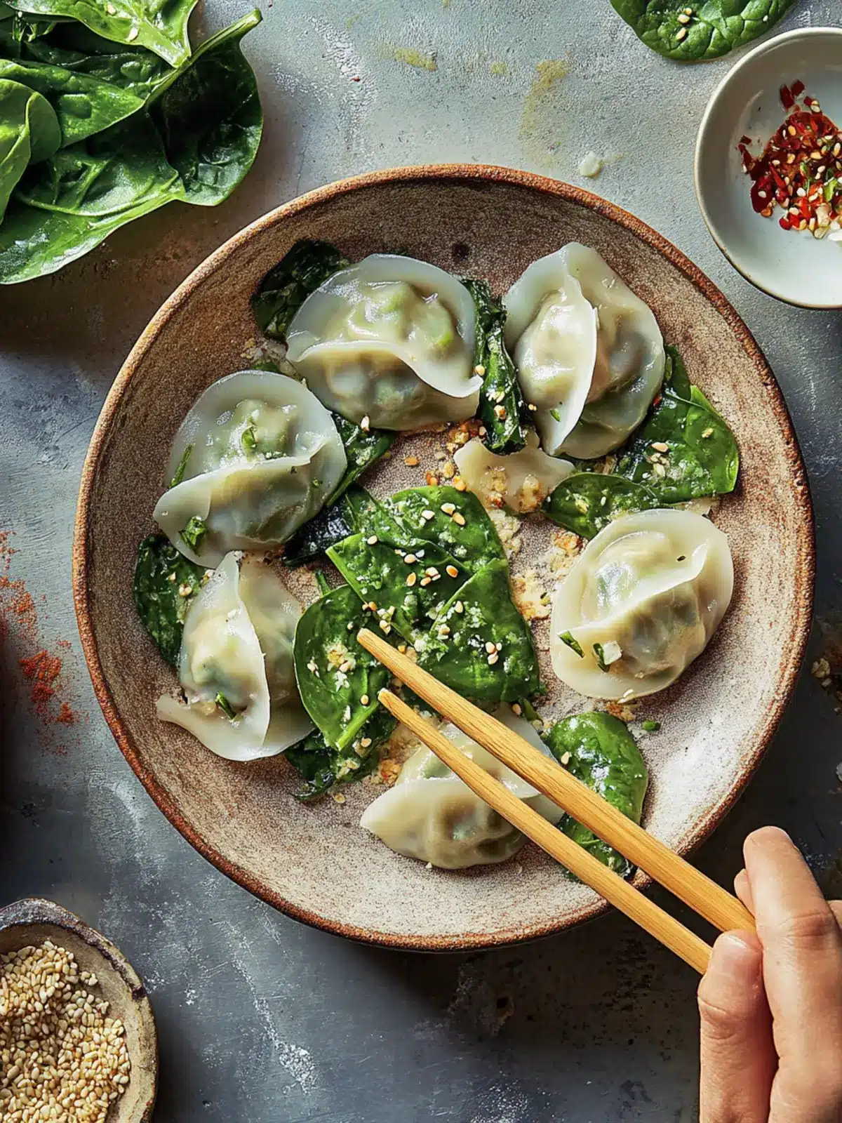Spinach Dumplings With Tofu and Rice Noodles