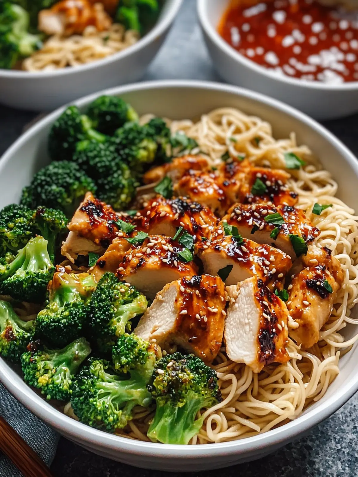 Spicy Garlic Chicken and Broccoli Noodle Bowls