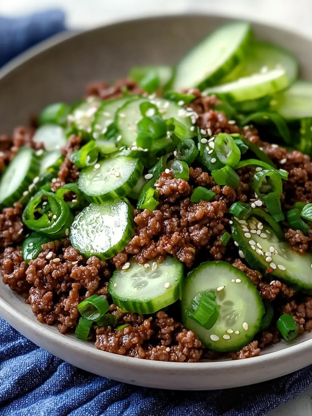 Spicy Korean Ground Beef with Cucumber Salad