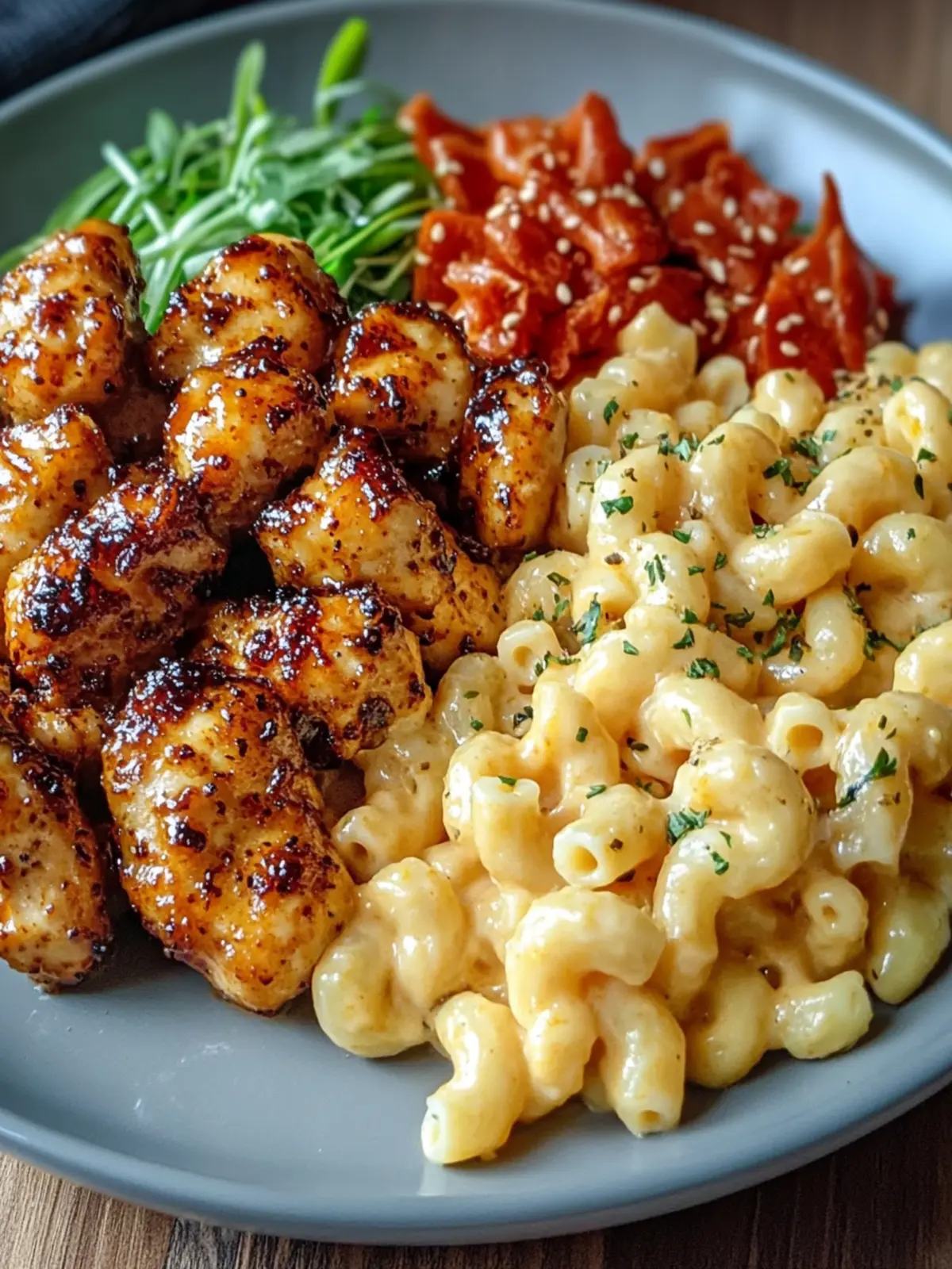 Sweet and Spicy Honey Pepper Chicken with Creamy Mac and Cheese