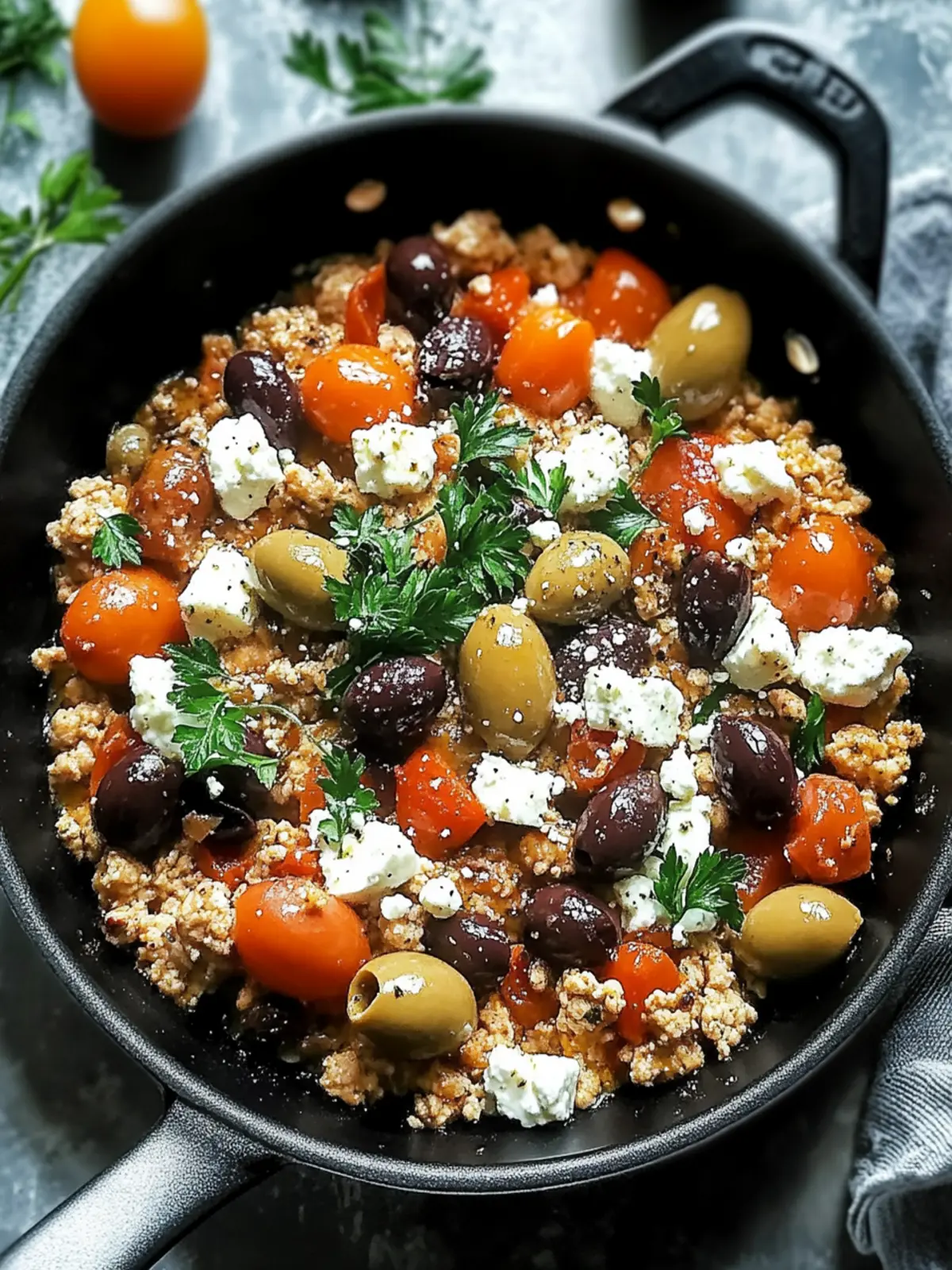 Mediterranean Keto Ground Chicken Skillet with Olives and Feta