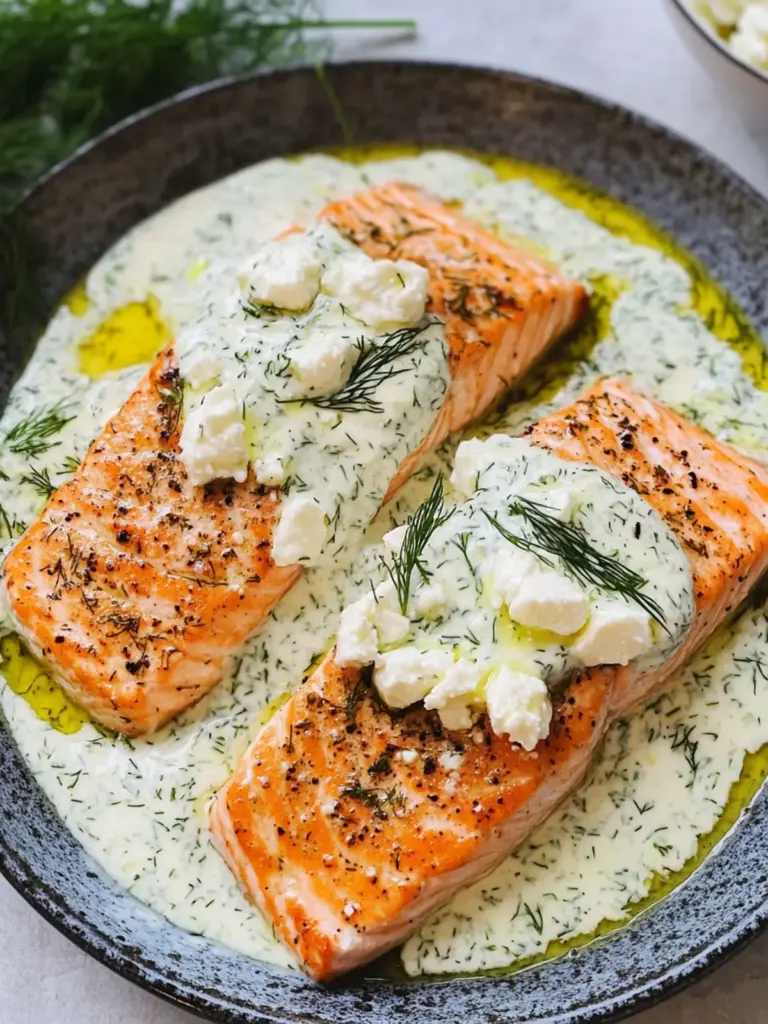 Salmon with Feta Dill Sauce