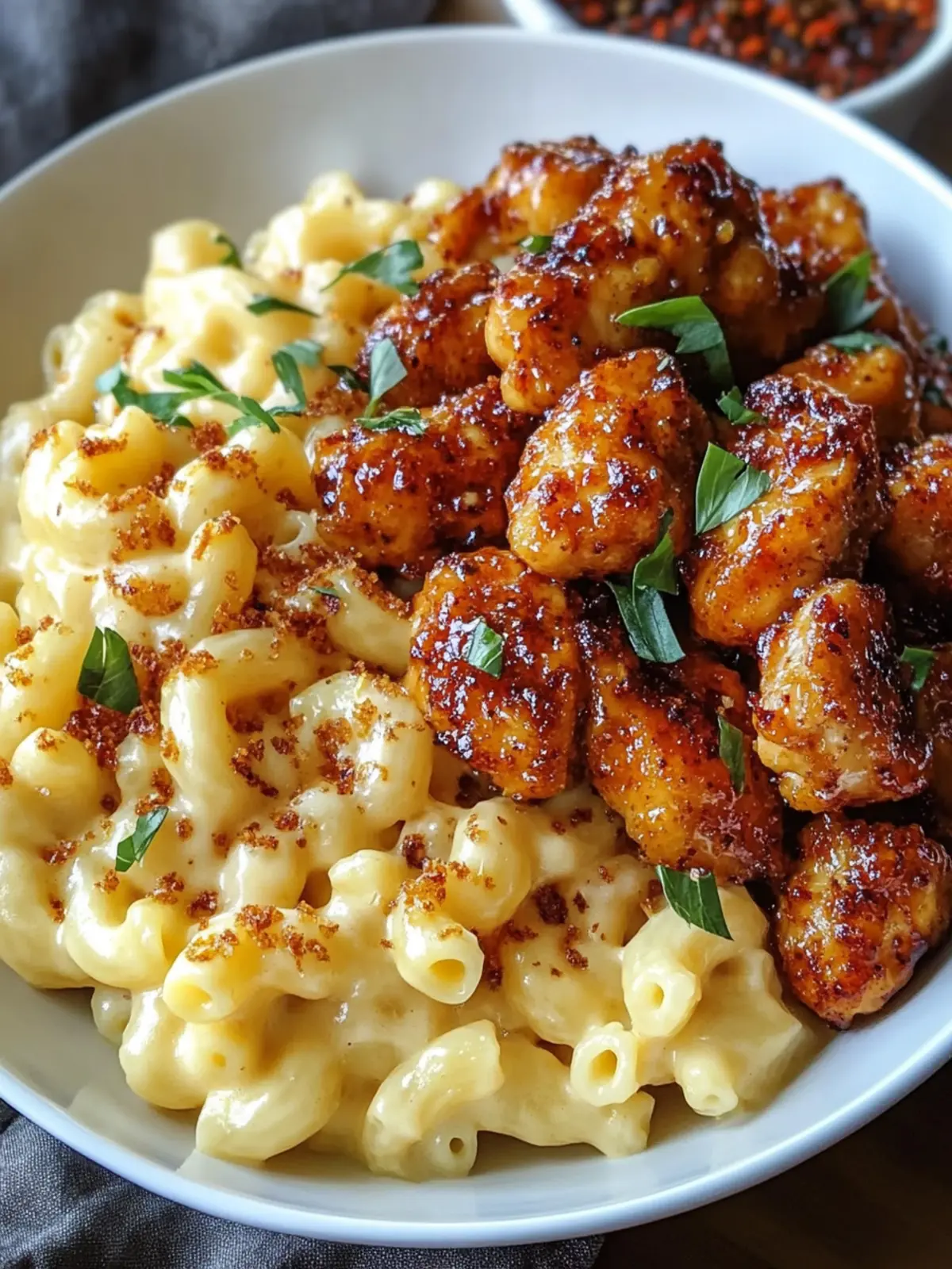 Sweet and Spicy Honey Pepper Chicken with Creamy Mac and Cheese