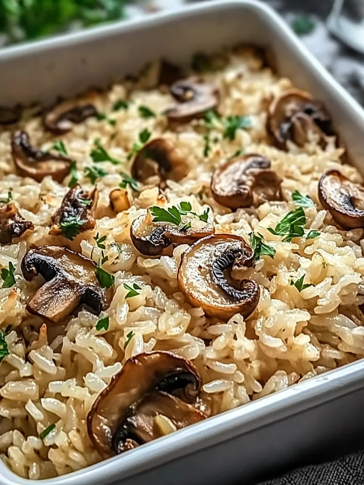 Vegetarian Garlic Mushroom Rice Bake