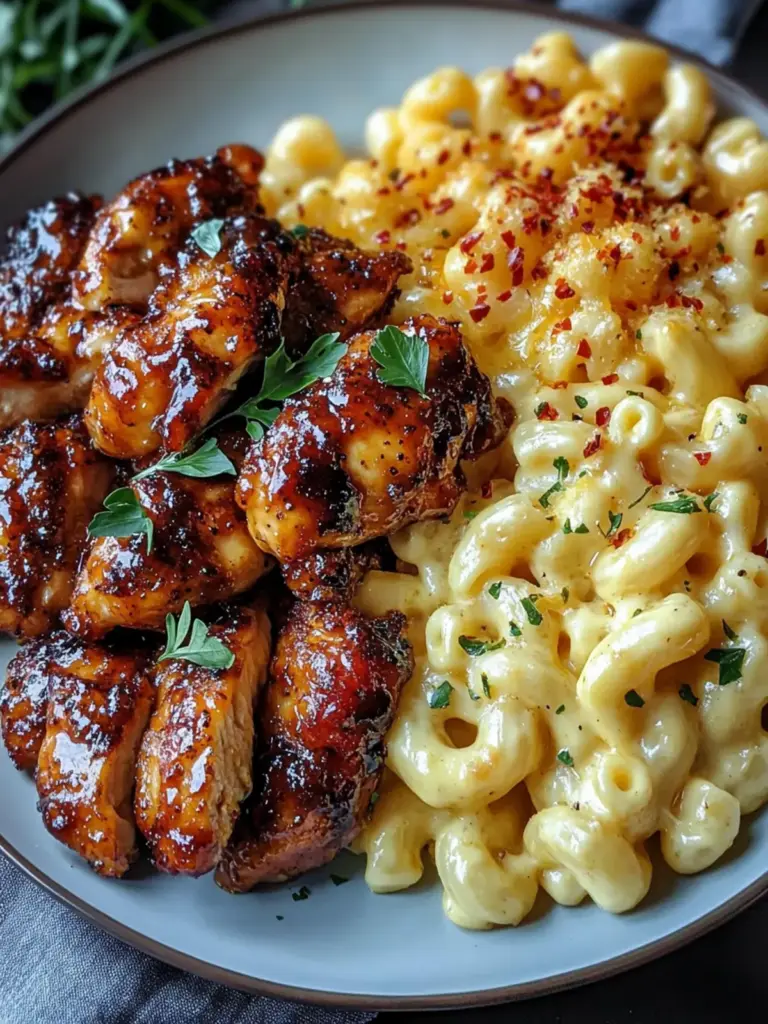 Sweet and Spicy Honey Pepper Chicken with Creamy Mac and Cheese