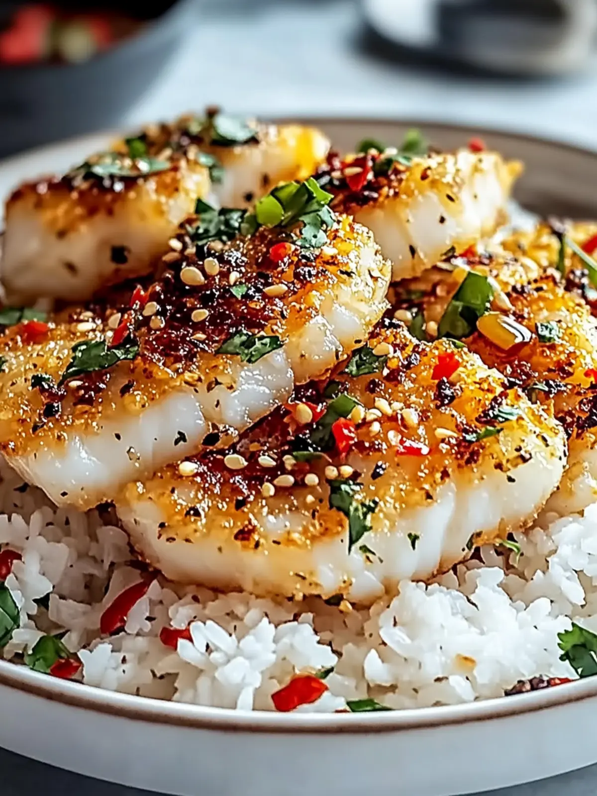 Crispy Cod Strips with Rice and Chili Garlic Drizzle Bliss 2 Crispy Cod Strips with Rice and Chili Garlic Drizzle