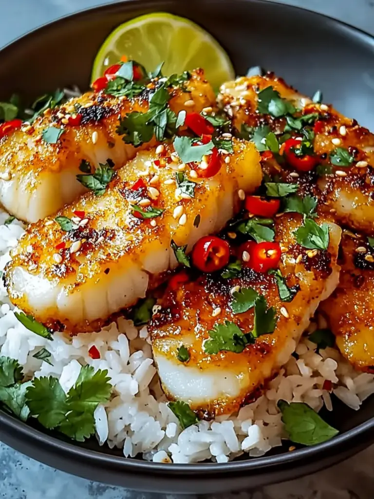 Crispy Cod Strips with Rice and Chili Garlic Drizzle