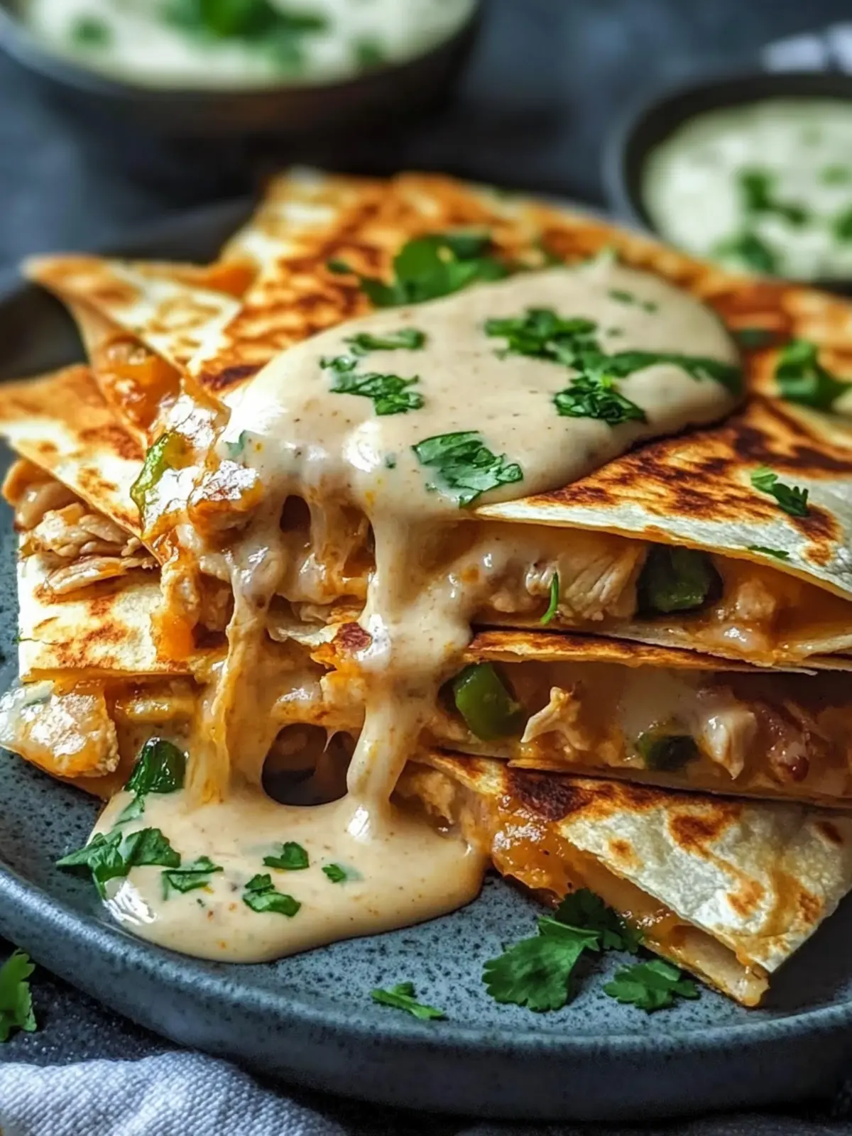 Cheesy Hot Honey Chicken Quesadillas with Spicy Jalapeño Cream Sauce