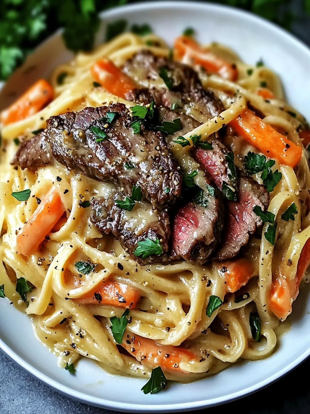 Cowboy Butter Steak Linguine with Roasted Carrots & Parsley