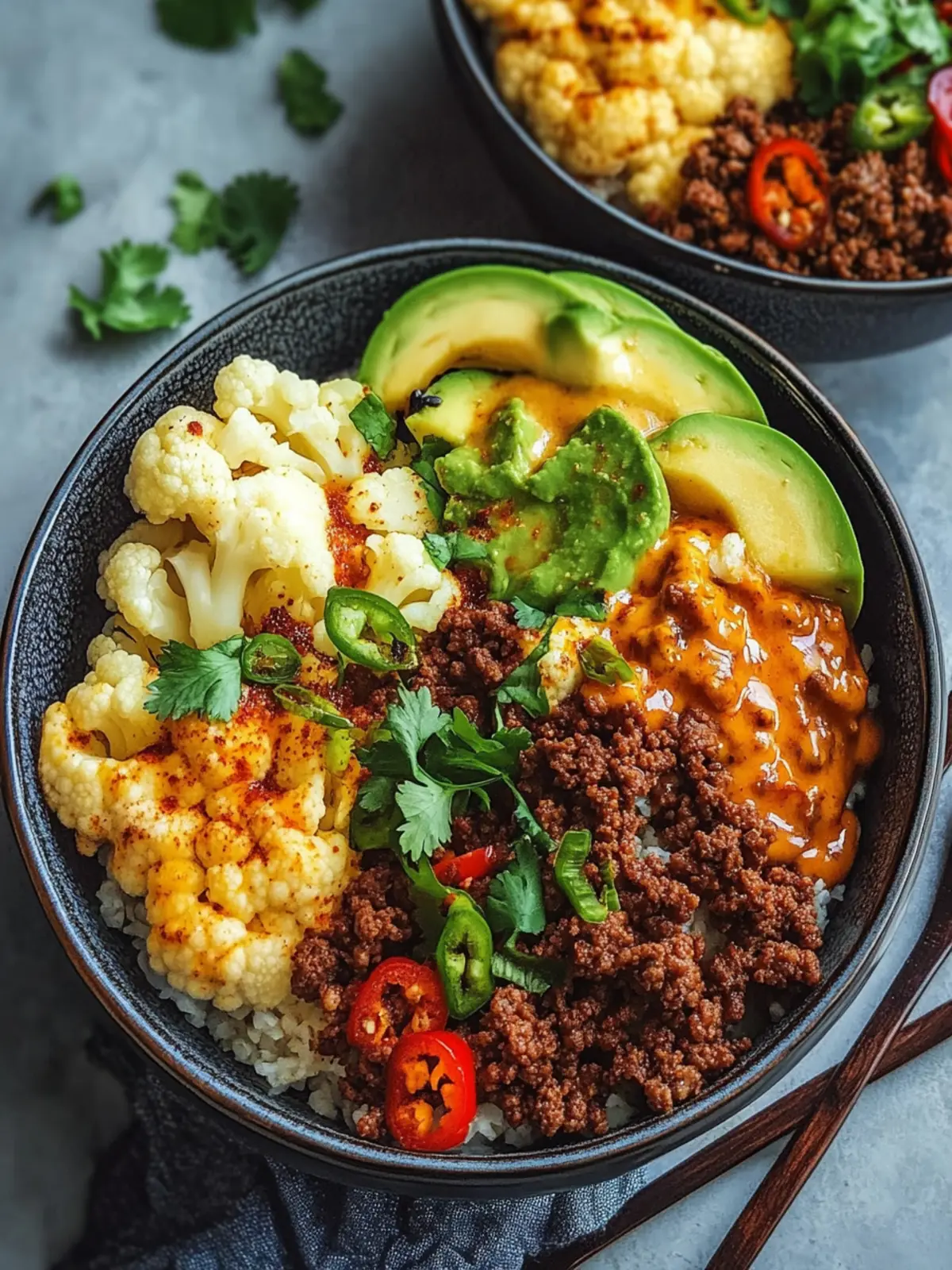 Crispy Chile Ground Beef and Cauliflower Protein Bowls Yum! 4 Crispy Chile Ground Beef and Cauliflower Protein Bowls